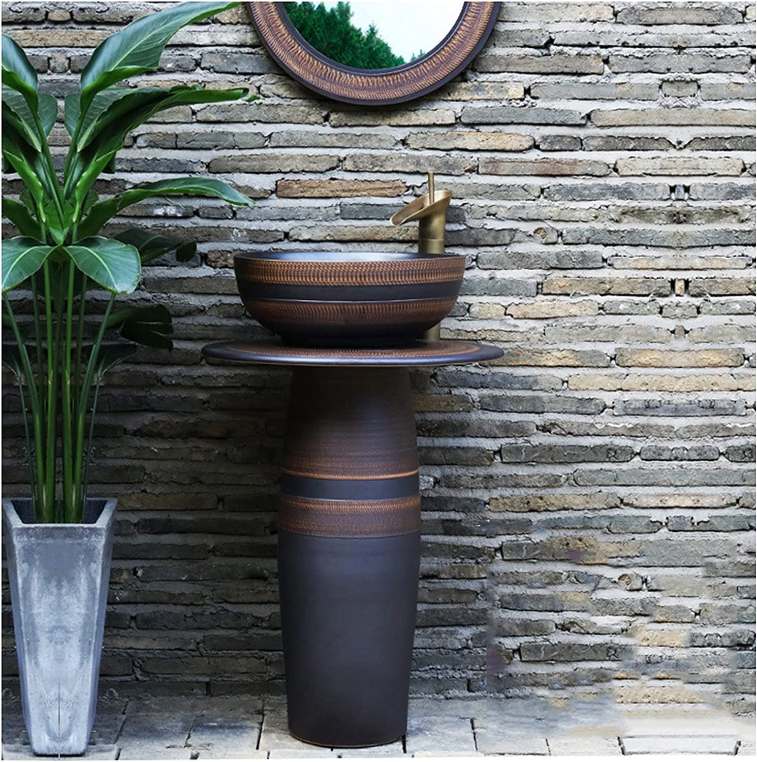 OLSKFUH Freestanding Pedestal Sink Floor Standing Art Sink Oval Bathroom Basin Sink, Pedestal Bathroom Sink Ceramic Basin Sink And Pedestal Lavatory Sink For Indoor And Outdoor,B,K
