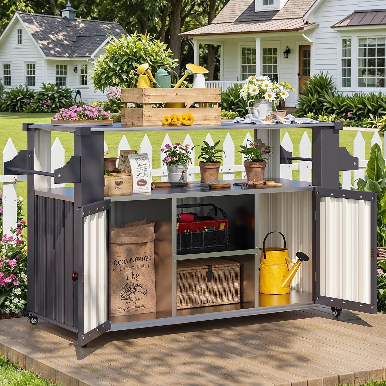 YODOLLA Outdoor Kücheninsel mit Rollen, Grillwagen mit Schrank, Grau