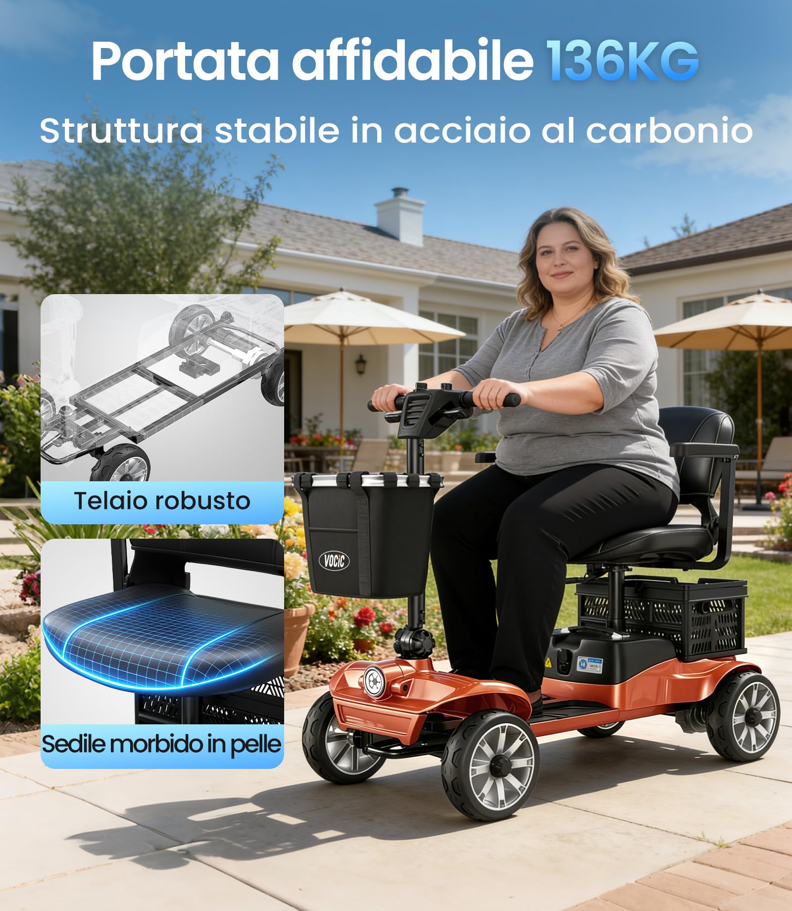 VOCIC D35 Scooter elettrico pieghevole 35 chilometri, doppio cestino 40L | portata fino a 150 kg, ruote da 20 cm, sedile ergonomico regolabile, batteria rimovibile per anziani (Arancione Rosso)