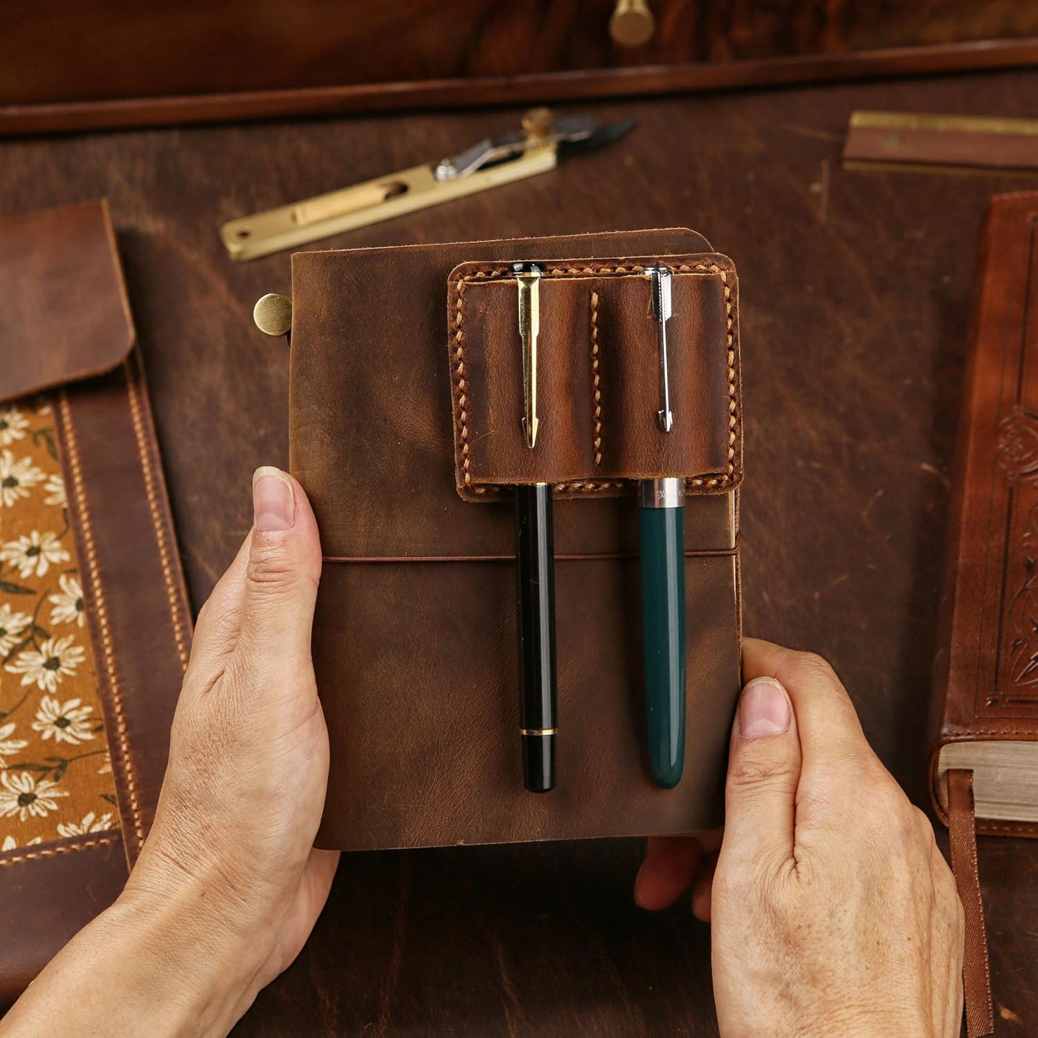 Handmade Leather Refillable A6 Travelers Notebook Cover, A6 Leather Journal with 3 Inserts and Card Slots and Pen Holder