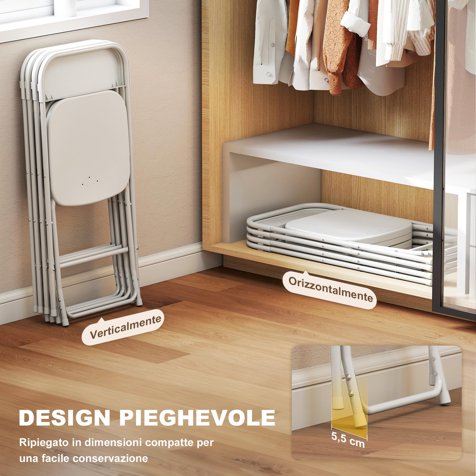 HOMCOM Set di 4 Sedie Pieghevoli in PP con Fori di Drenaggio, Sedie Richiudibili Salvaspazio Portatili in Acciaio, Sedia Pieghevole da Interno per Casa, Ufficio, Cucina, Eventi, 45x49x79.5 cm, Bianco