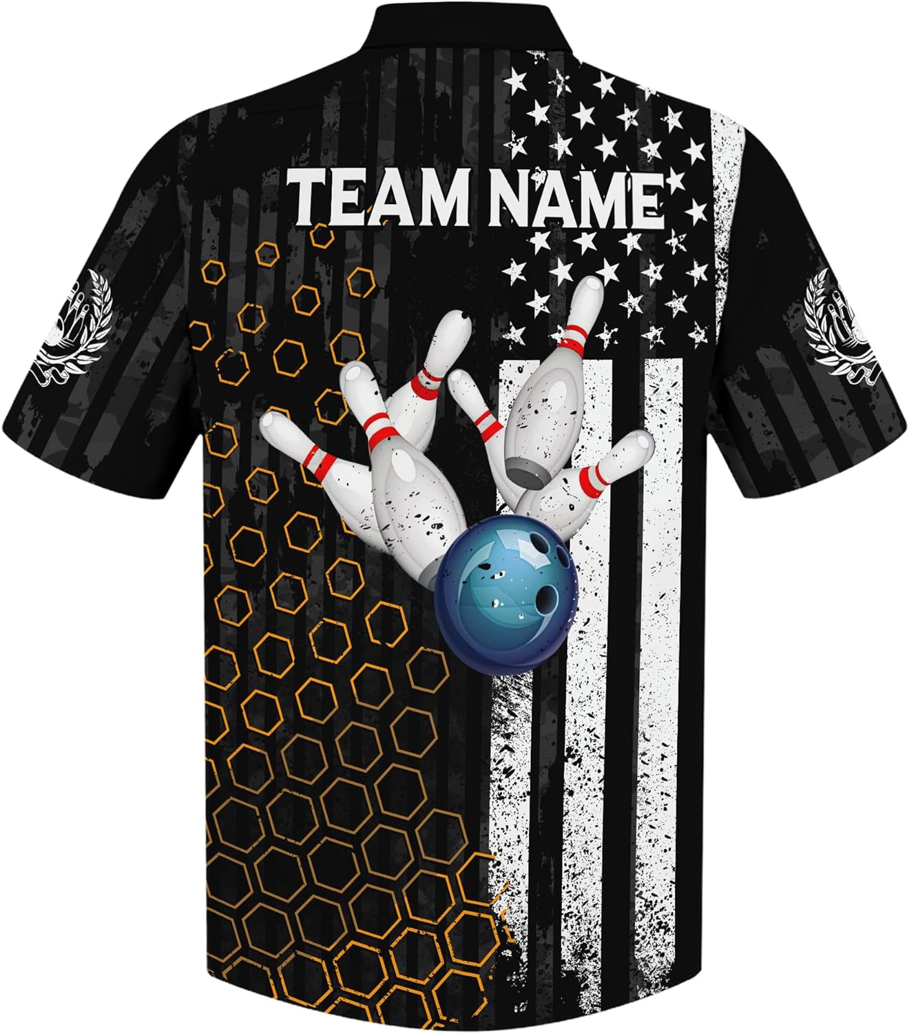 Novelty Bowling Hawaii Shirt Personalized Black USA Bowling Pin Button Down Shirt for Dad Bowling Theme Hawaiian Shirt