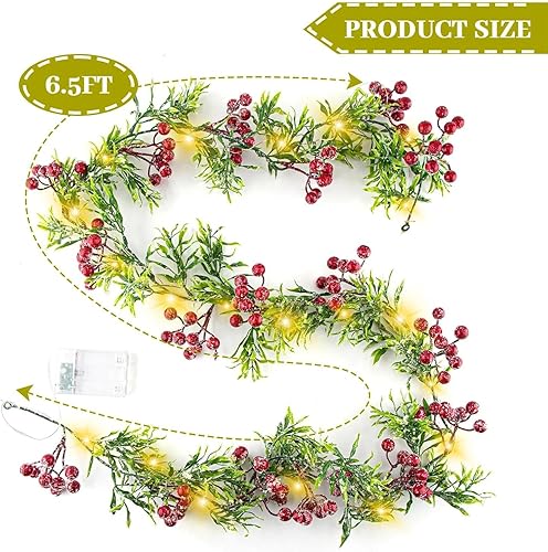 Miniatura 2 de Guirnalda de Navidad con luz, guirnalda de hojas de acebo con bayas rojas nevadas iluminadas para chimenea interior y exterior, decoración de