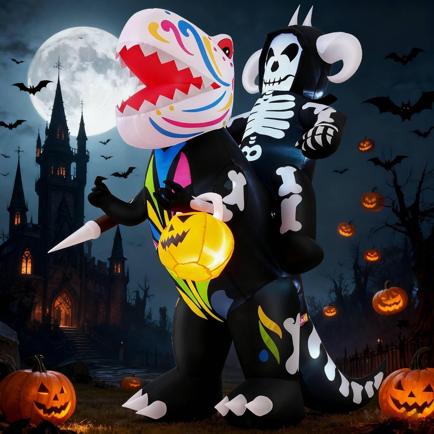 AKEYDIY 8FT Tall Halloween Inflatables Decorations - Lighted Skeleton Rider on Dinosaur with Spear & Pumpkin Lantern, Halloween Blow Ups, Indoor/Outdoor Holiday Yard Decor for Garden, Lawn, Party