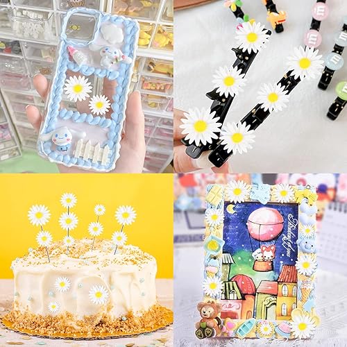 Miniatura 6 de CCOZN - 80 piezas de flores de resina con parte trasera plana con caja de almacenamiento, pequeñas cuentas de margaritas para manualidades,