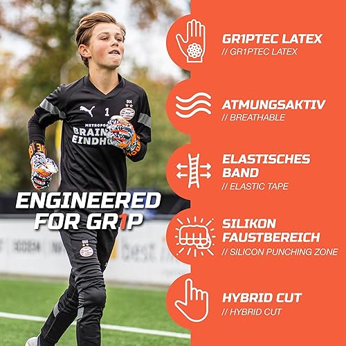 Miniatura 2 de GRIPMODE Mania - Guantes híbridos de portero para adultos y niños con forro de látex Griptec, adecuados para todo tipo de clima, protección para