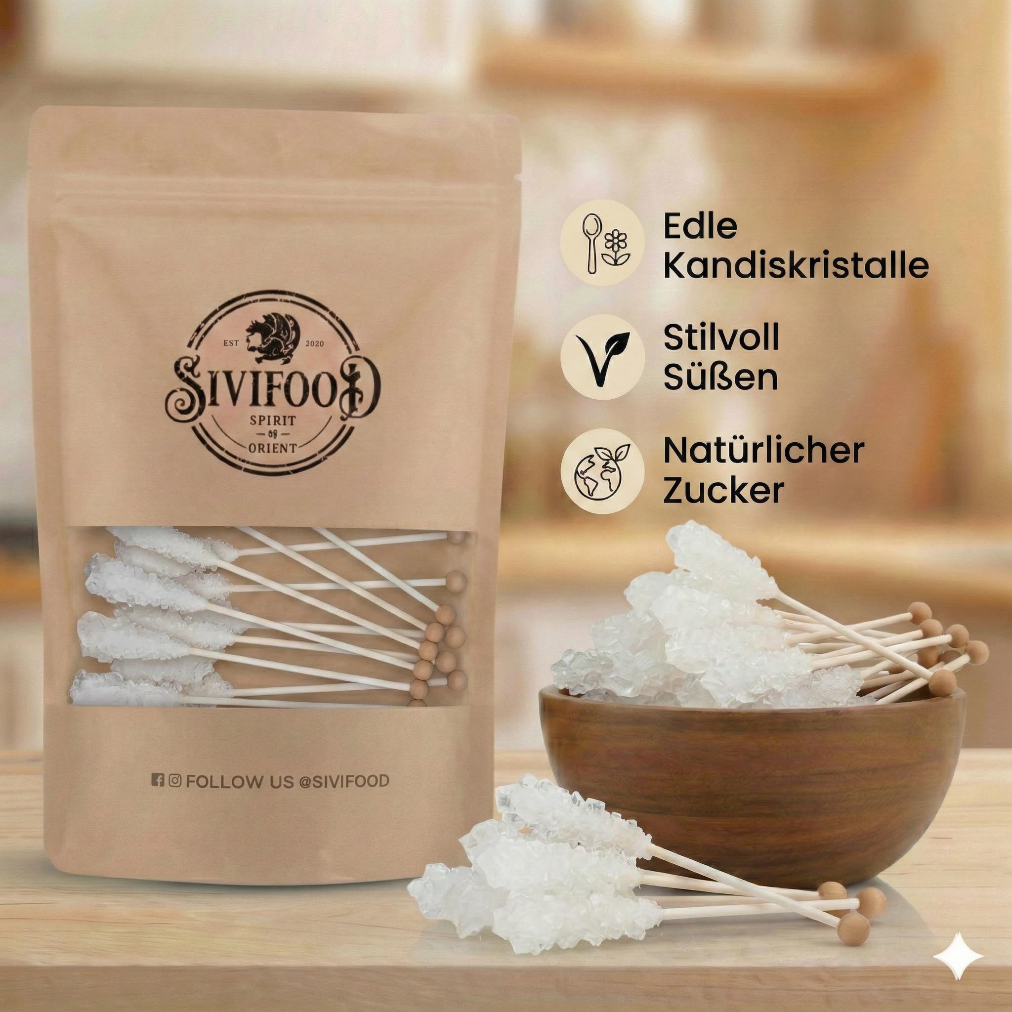 SIVIFOOD White Rock Candy Sticks Natural Pack de 25 - Bonbons de roche blanche naturelle sur un bâton pour le thé, sucre sur un bâton, bâtonnets de bonbons pour décoration, sucre cristal de Noël