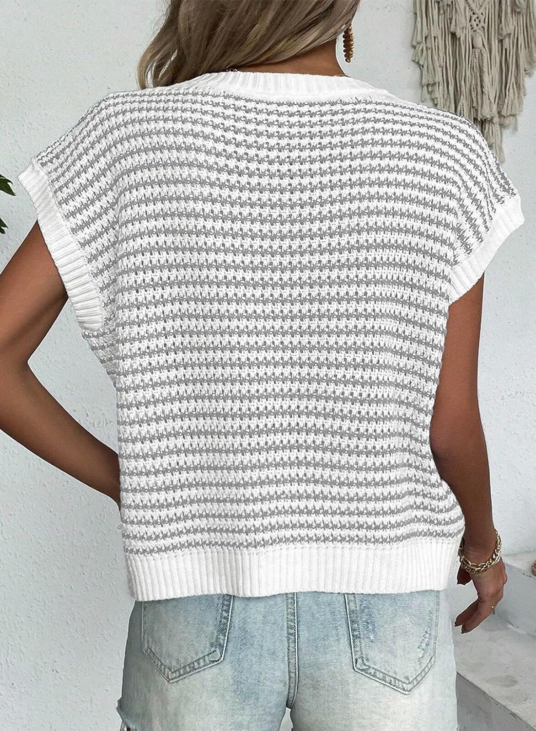 EVALESS Women's Sweater Vest Striped Pullover Tank Top Round Neck Cap Sleeve Lightweight 2025 Summer Casual Clothes - Image 3
