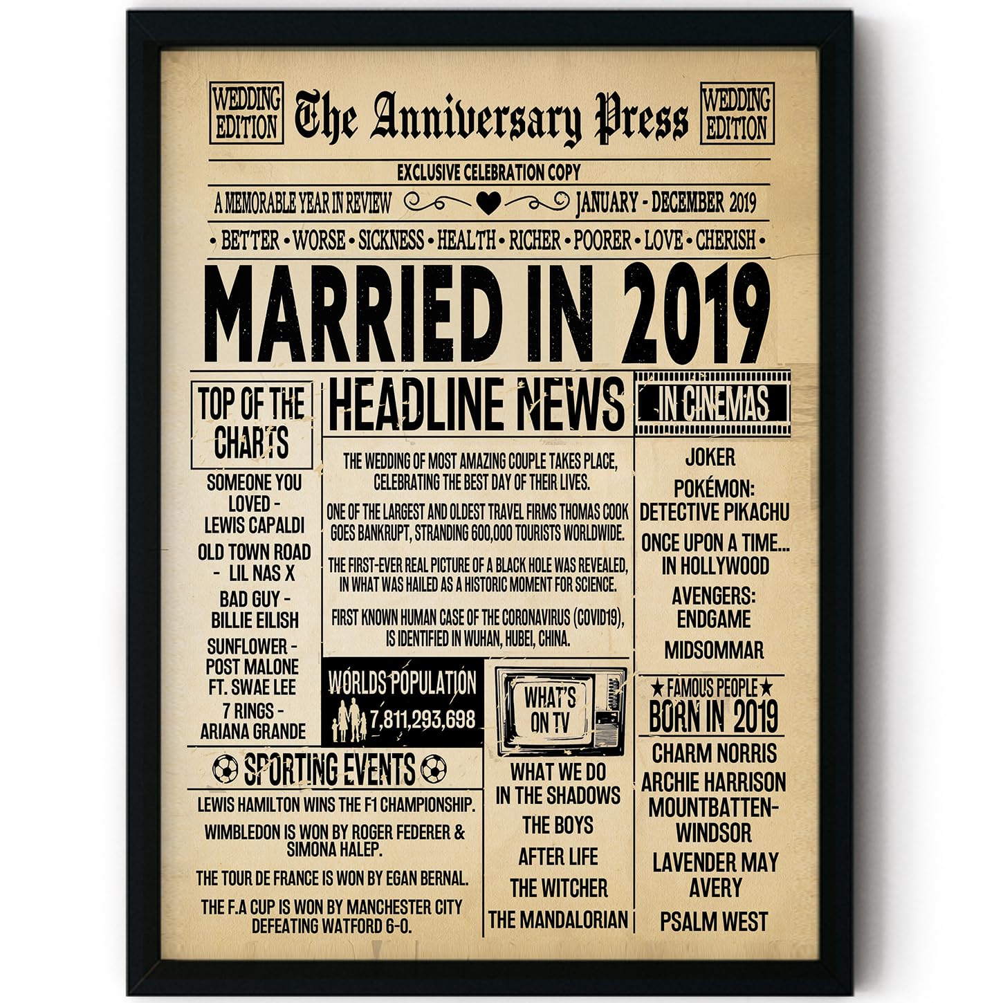 Stuff4 7th Anniversary Poster Framed - Married In 2019 Newspaper - 7 Wedding Anniversary for Men Women Retro Vintage Gifts Back In 2019, 8x10 Inch Anniversaries Posters โ image 1