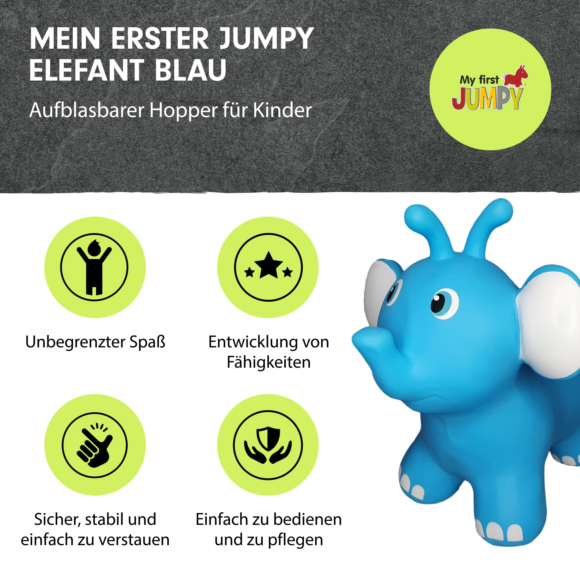 Gerardo´s Toys Jumpy Elephant Blue (Kinderspielzeug, Hüpfball Elefantenfigur, für draußen und drinnen, ab 12 Monaten, belastbar bis 100 kg) GT69362