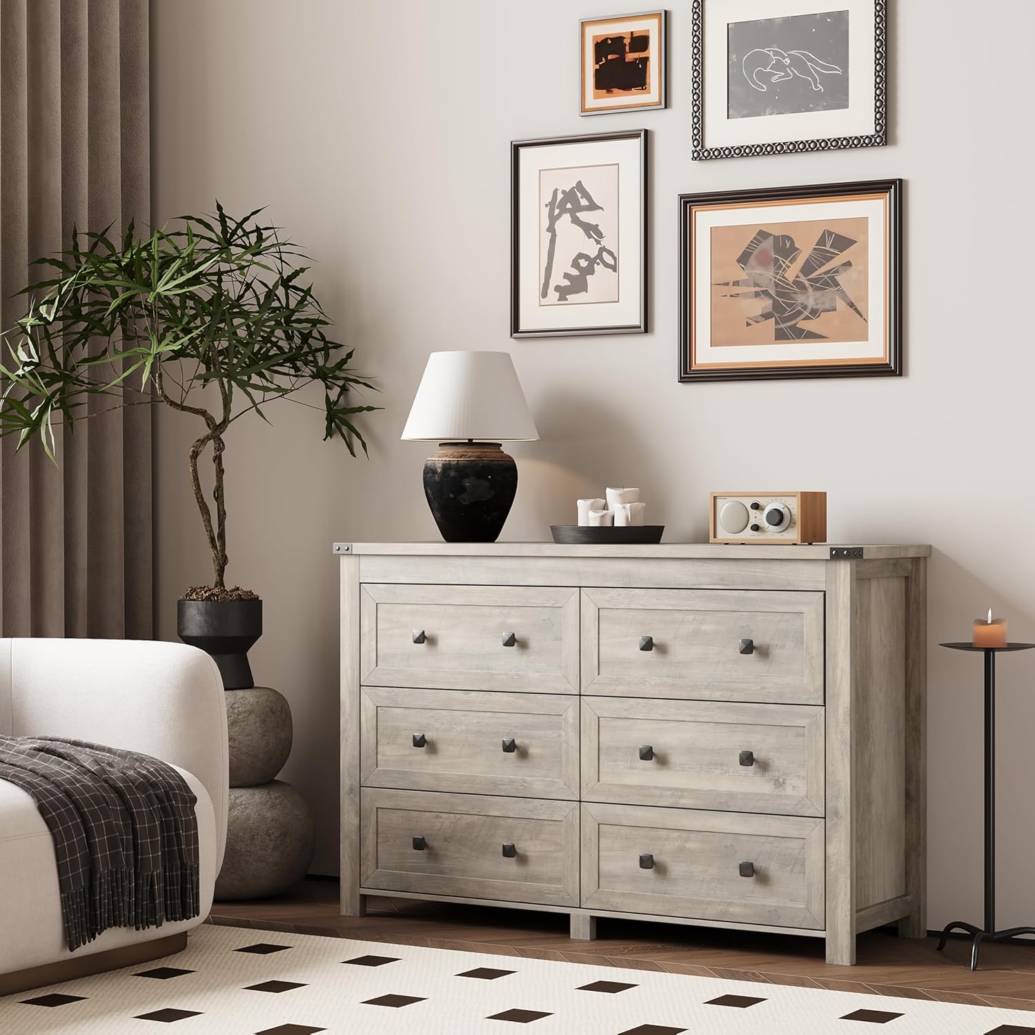 Dresser for Bedroom with 6 Drawers, Farmhouse Wood Chest of Drawers, Wide TV Stand Closet Storage Furniture with Metal Handle, Modern Clothes Organizer for Hallway, Living Room, Entryway, Light Grey - Image 2