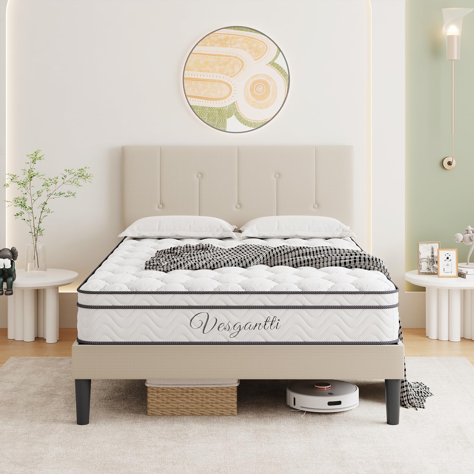 Vesgantti Linen Single Bed Frame with Individually Pocket Spring Mattress, 3FT Adjustable Upholstered Headboard, Easy Assembly, Solid Wooden Slats & Under Bed Storage,90 x 190cm, Beige — image 1
