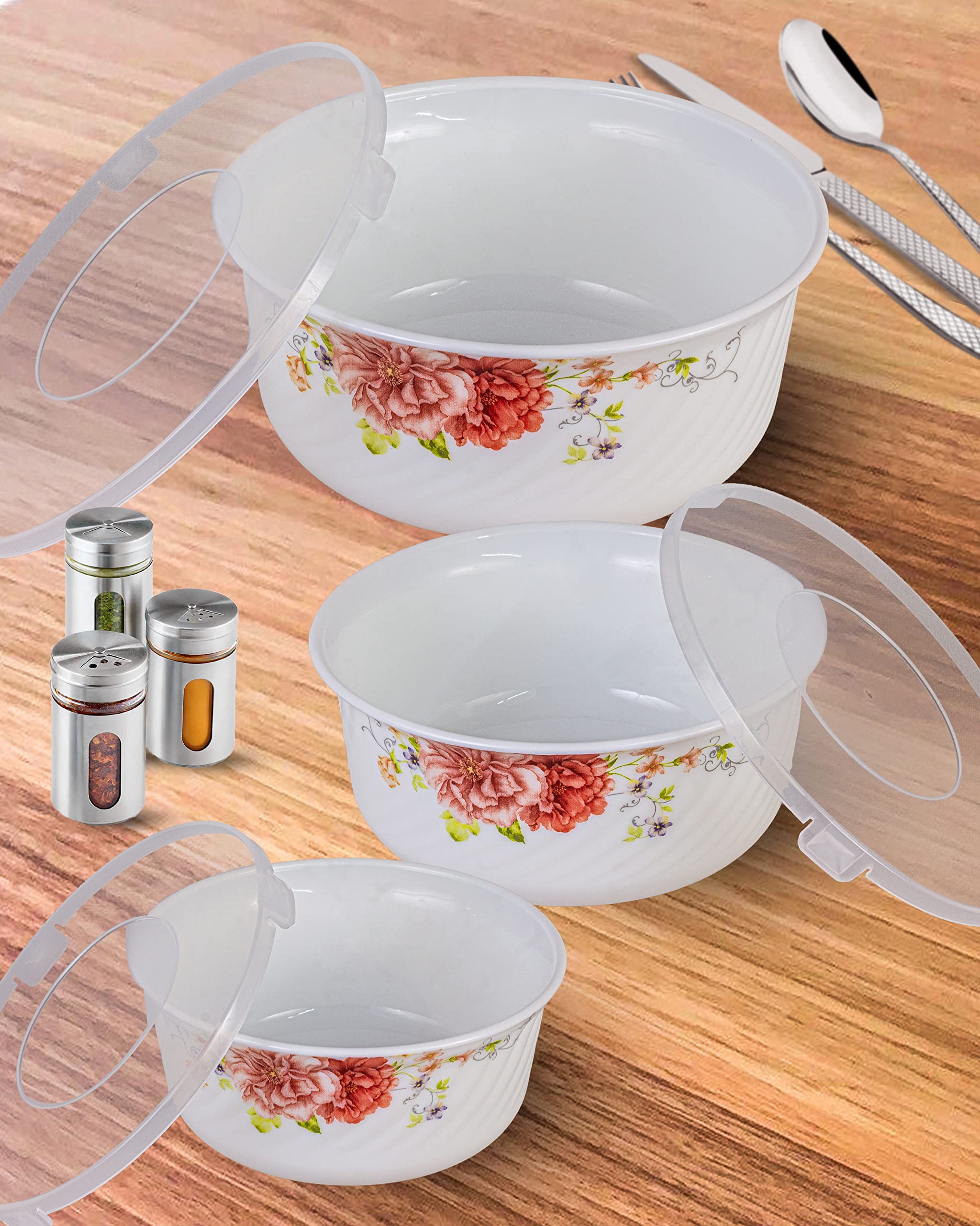 WEIRD WOLF Microwave Safe, Heat and Break Resistant Floral Opalware Serving Bowl with Plastic Lids Set of 3 Pieces (1500ml, 1000ml, 500ml), Multicolor