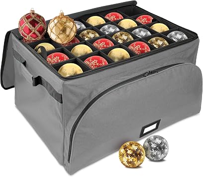 HOLDN STORAGE Premium Christmas Ornament Storage Box Holds up to 72 4 Ornaments, Durable 600D Fabric, Adjustable Dividers, 3 Removable Trays Metal Frame Gray