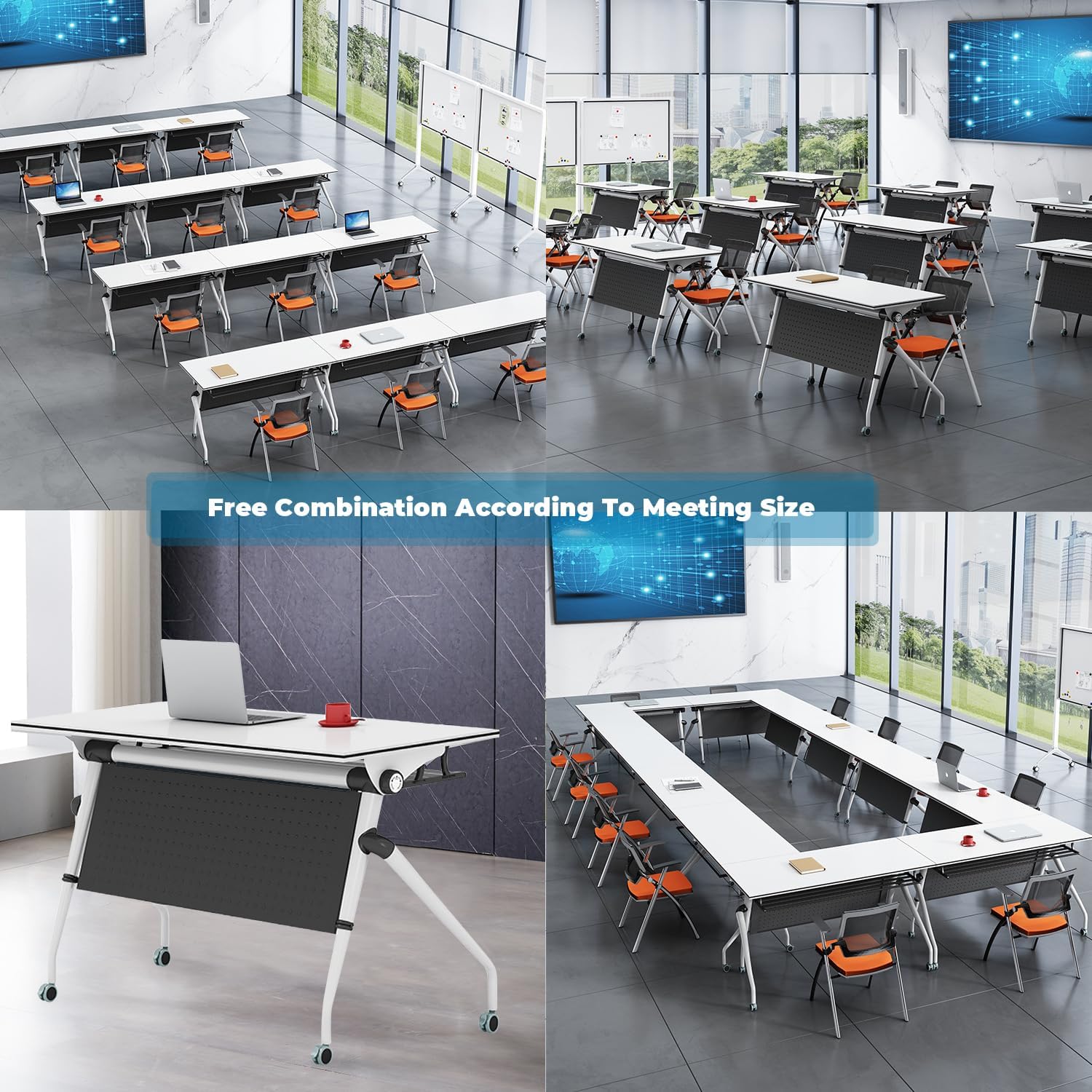 Folding Conference Table,Mobile Training Table with Wheels,Modern Flip Top Mobile Meeting Table,Rolling Conference Room Table,Rectangular Seminar Meeting Tables for Office,Meeting Room (8pack 53.1in)