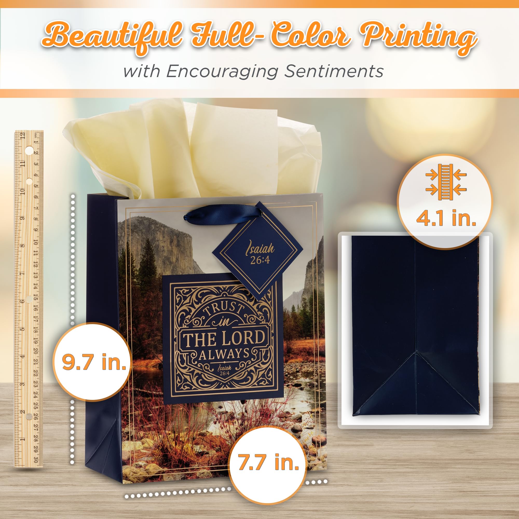 Christian Art Gifts Gift Bag/Tissue Paper Set Trust In The Lord Always Isaiah 26:4 Bible Verse, Blue/Gold, Medium