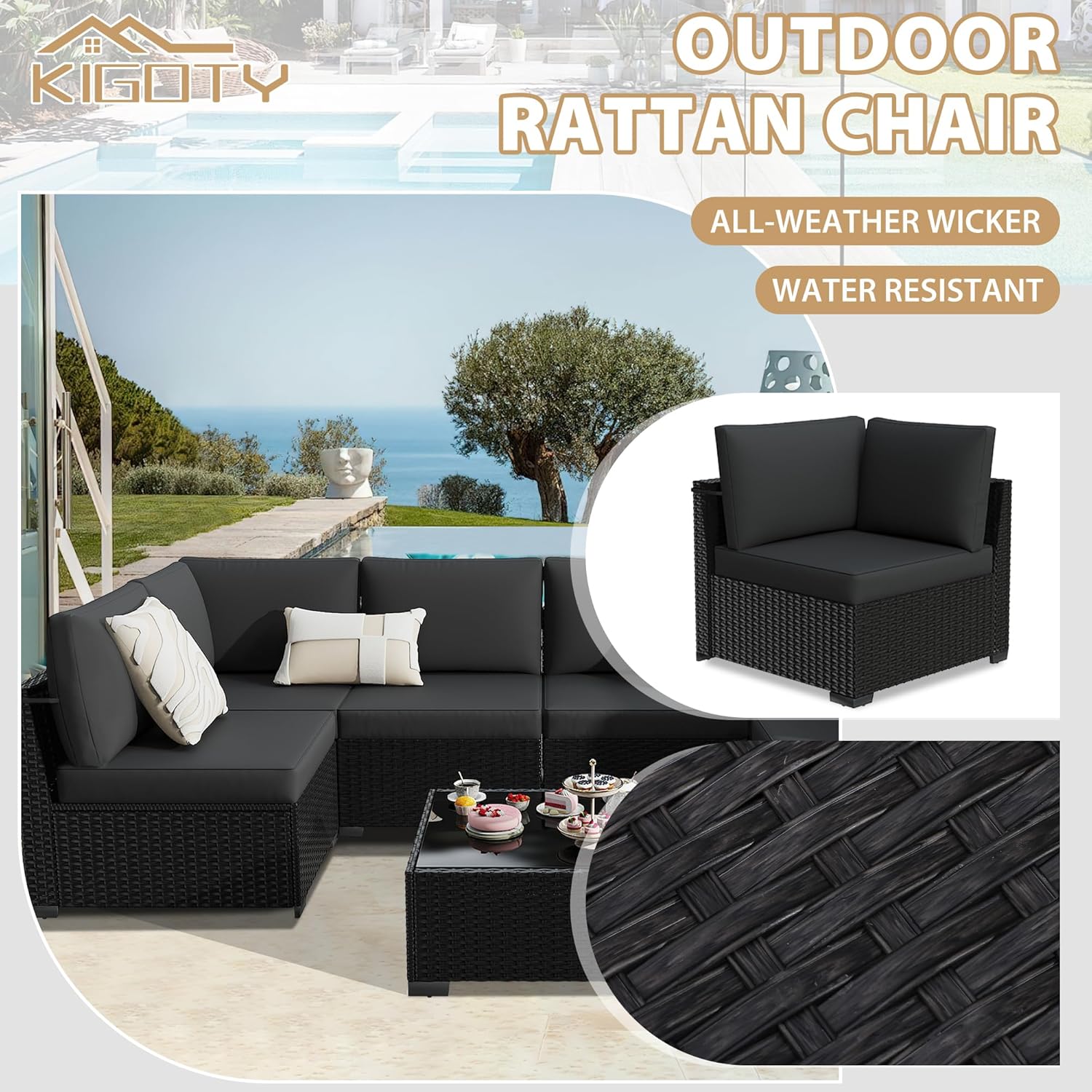 KIGOTY 7-Piece Patio Furniture Set, All-Weather PE Rattan Outdoor Sectional Sofa, Modular Wicker Conversation Set with Thick Washable & Easy-Clean Coffee Table（Black/Black-X）