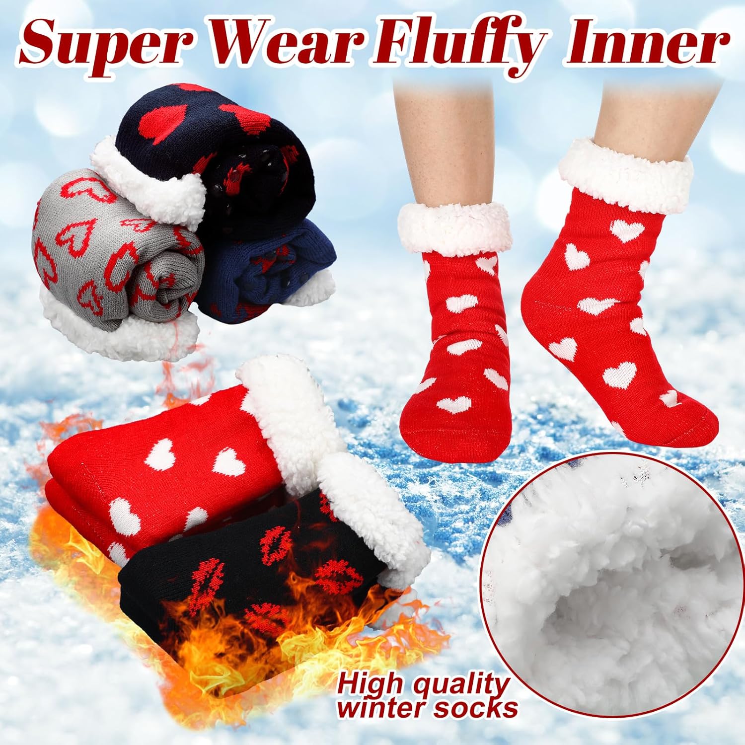 Liitrsh 6 Pairs Valentine's Day Gifts Heart Fuzzy Slipper Socks with Grip for Men Non Slip Fluffy Winter Warm Lamb Fleece Socks for Winter Valentine