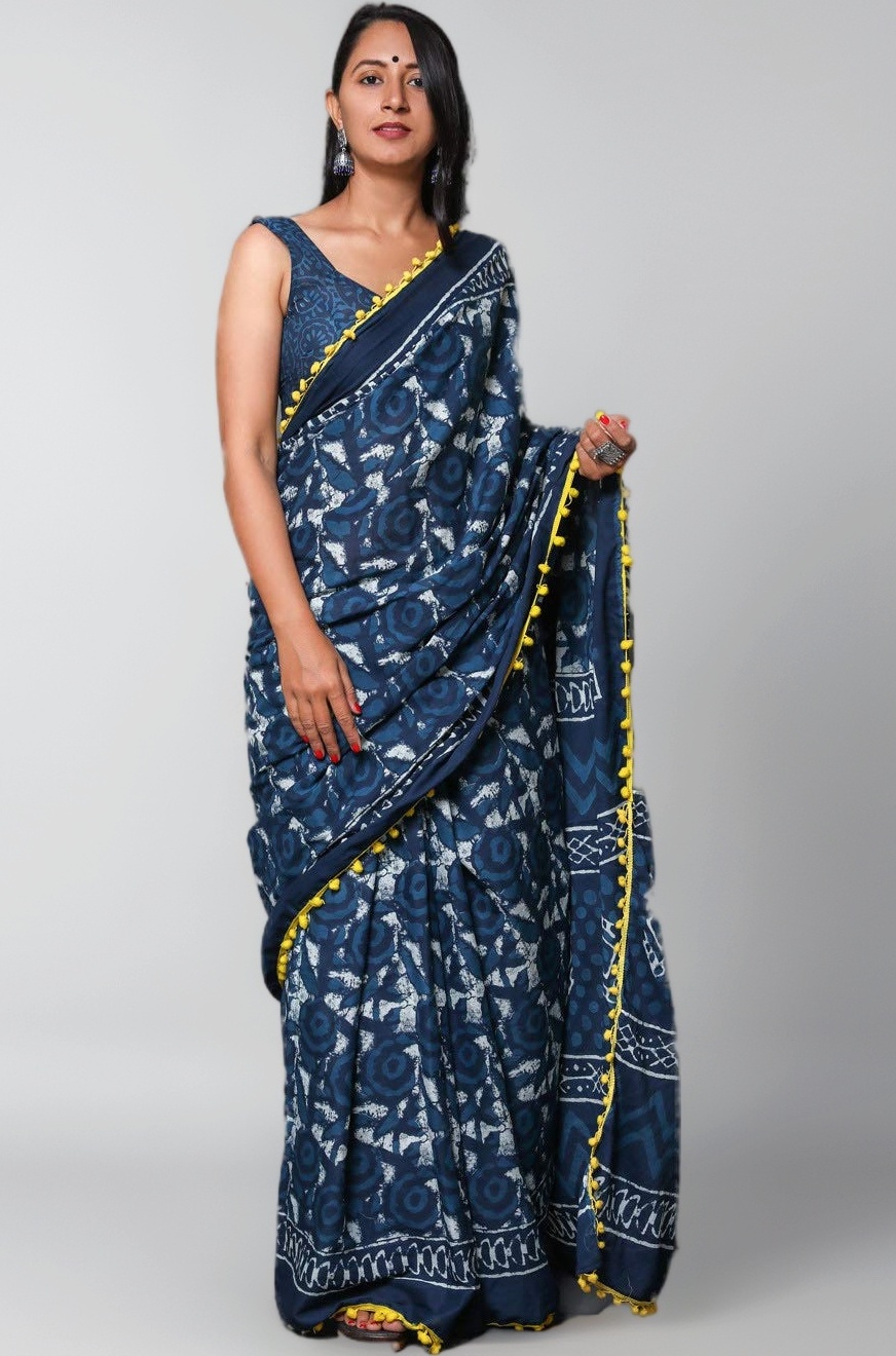 Shivanya Handicrafts Indigo Print Cotton Mulmul Saree for Women Attached Blouse Piece (indigo)