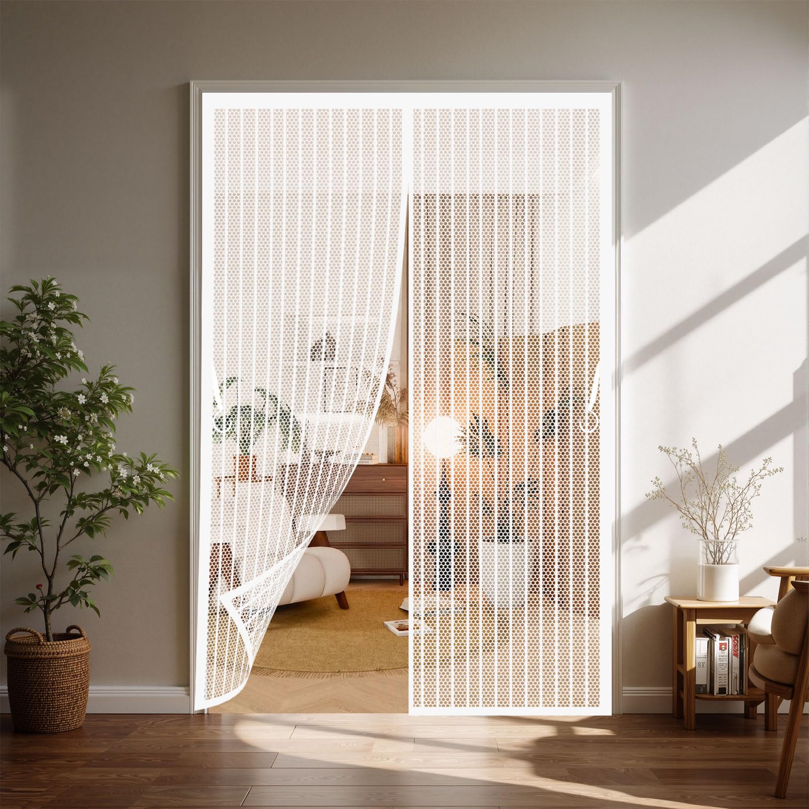 Fly Screens for Doors 102 x 253 cm Heavy Duty Mesh, Magnetic Self-Sealing Bug Mesh Curtain Easy to Install Without Drilling for Home, Office and Store, White