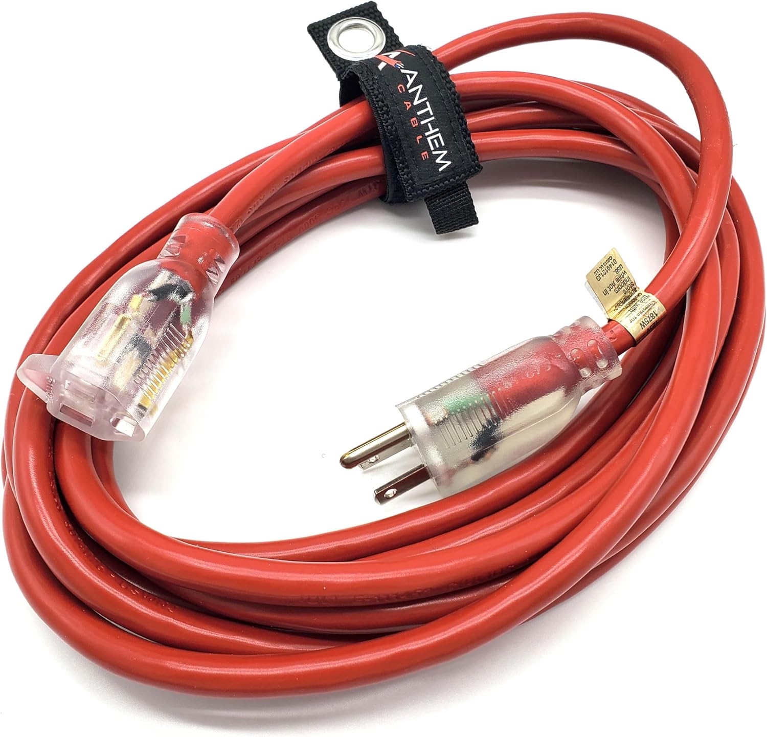 15 ft - 12 Gauge Extension Cord Outdoor - Made in USA - Lighted on Both Ends - Red Outdoor Extension_Cord Waterproof by Anthem Cable - Heavy Duty ExtensionCord 15 ft 15 Amp Extension