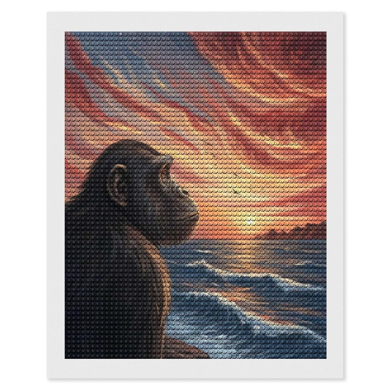 Junmoney Chimpanzee Gazing at Sunset Over Ocean Diamond Painting Set 16"x20", Full Kit Included, Sparkling Round Gems, Farmhouse Decor, Festive Craft Gift