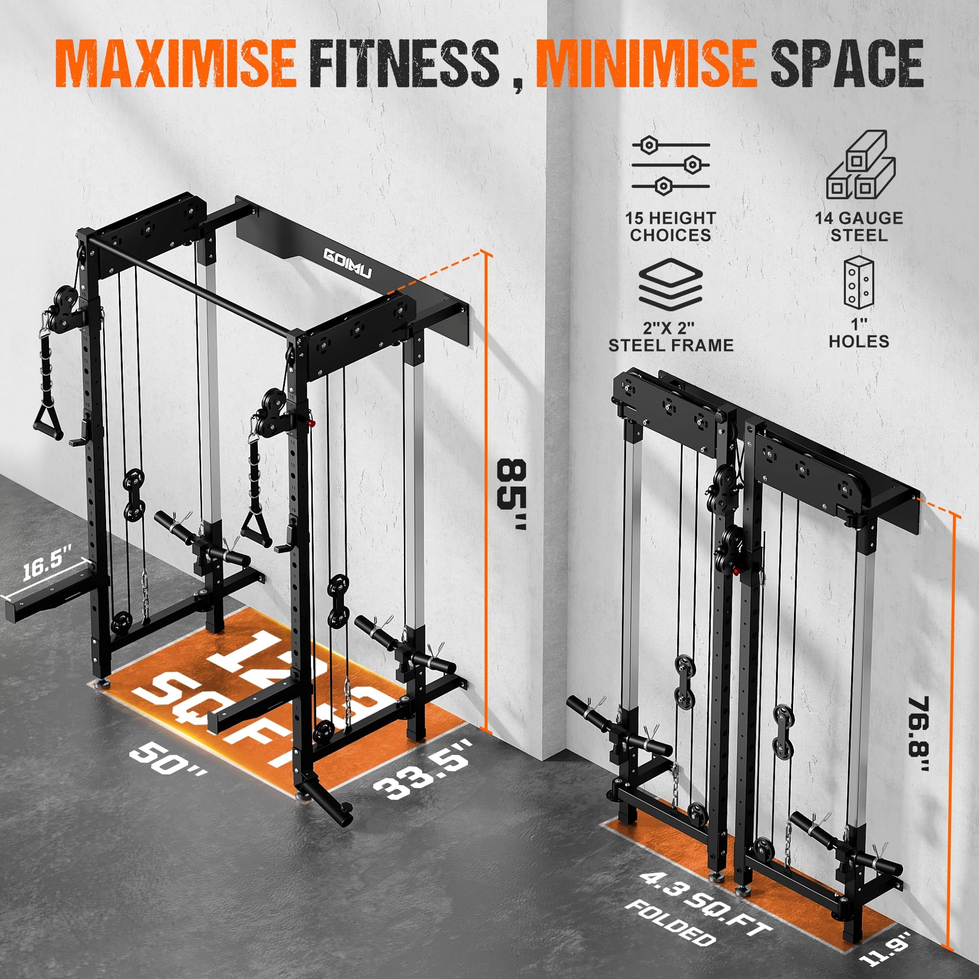 Goimu WM3-V4 Folding Squat Rack, Wall Mounted Power Rack with Dual Independent Pulley System, Functional Trainer with 5 Adjustable Function Modes for Space Saving Home Gym (Only Cage,Black)