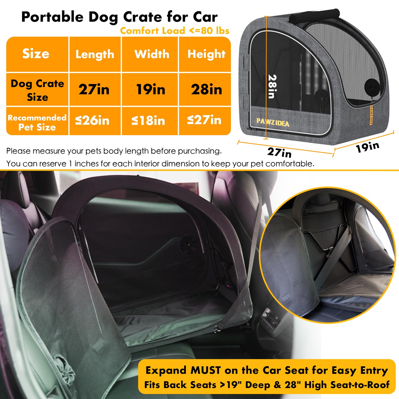 PAWZIDEA Tragbare Hundebox für Autoreisen, zusammenklappbare Haustier-Reiseboxen für mittelgroße und große Hunde, geschlossene weiche Seiten-Autohütte für den Rücksitz, sichert mit Sicherheitsgurt und