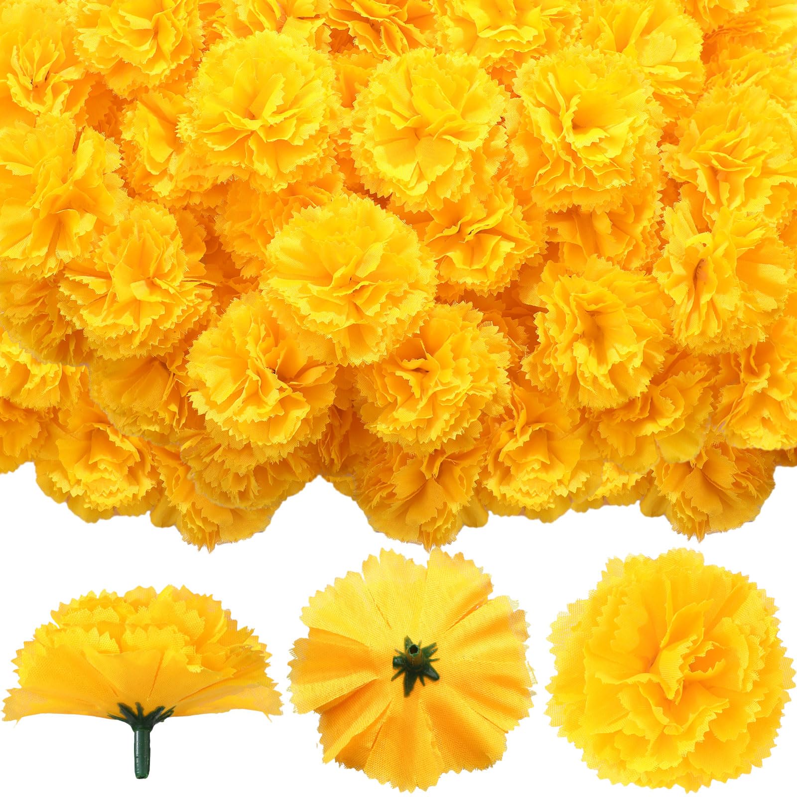 Yinder 360 Pcs Marigold Flowers Heads Bulk Artificial Marigold Garland Silk Marigold Flowers for Dia De Los Muertos Altar Decor Day of The Dead Decorations Diwali Indian (Yellow)