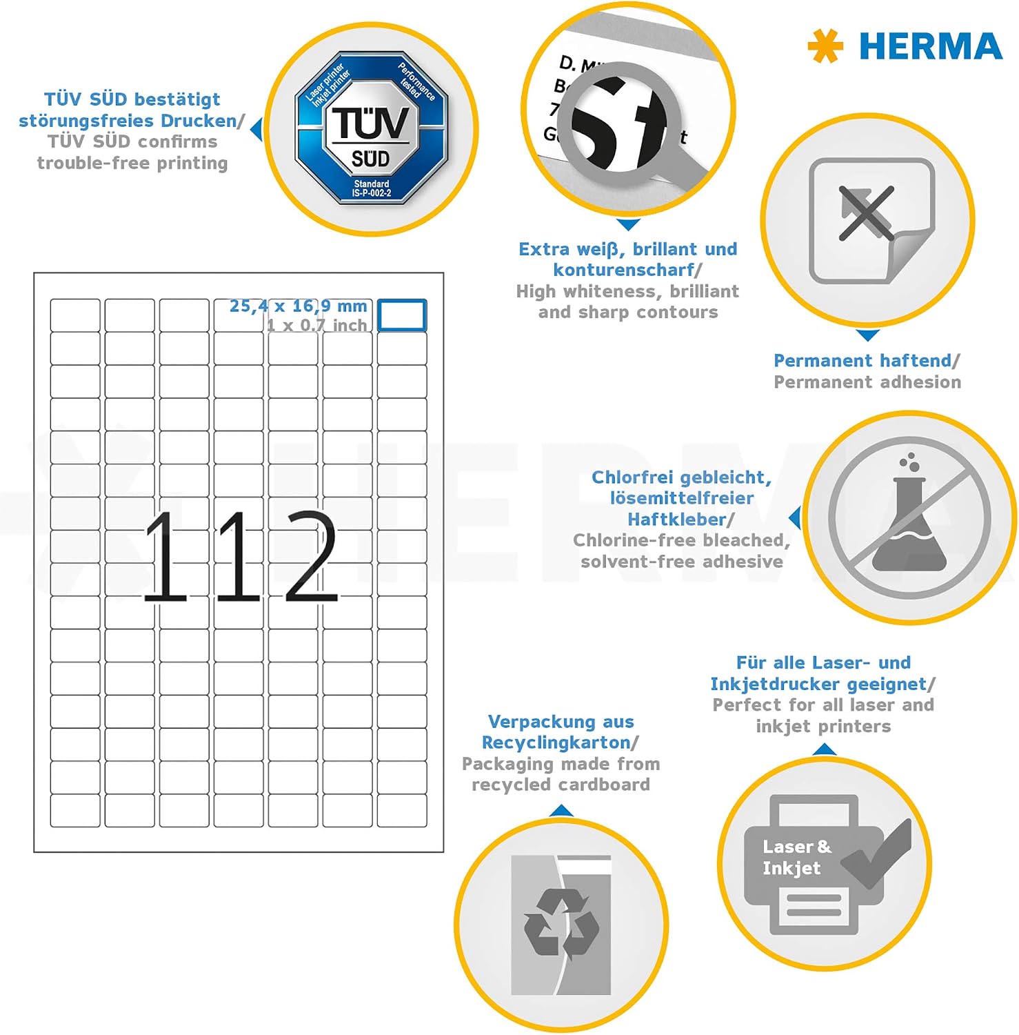 HERMA Self Adhesive Multipurpose Labels, 2800 Labels - 25.4 x 16.9 mm, Blank White Stickers for Laser & Inkjet Printers