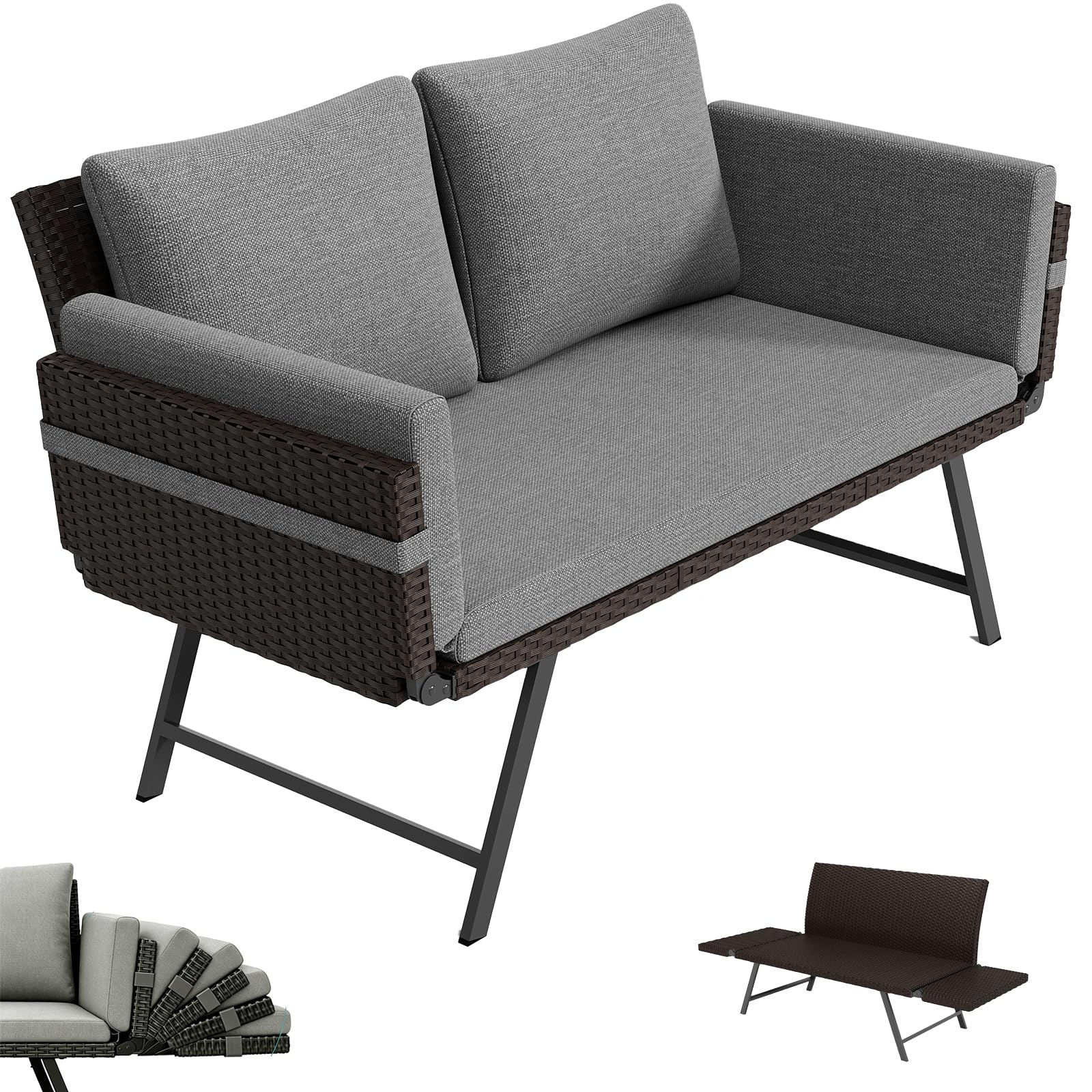Gartensofa 2 Sitzer mit Liegefunktion, Verstellbare Couch klappbarer Armlehnen, Outdoor schlafsofa mit Kissen, Polyrattan Gartenbank Lounge Sofa für balkonmöbel,Terrasse, Gartenmöbel (Dunkel)