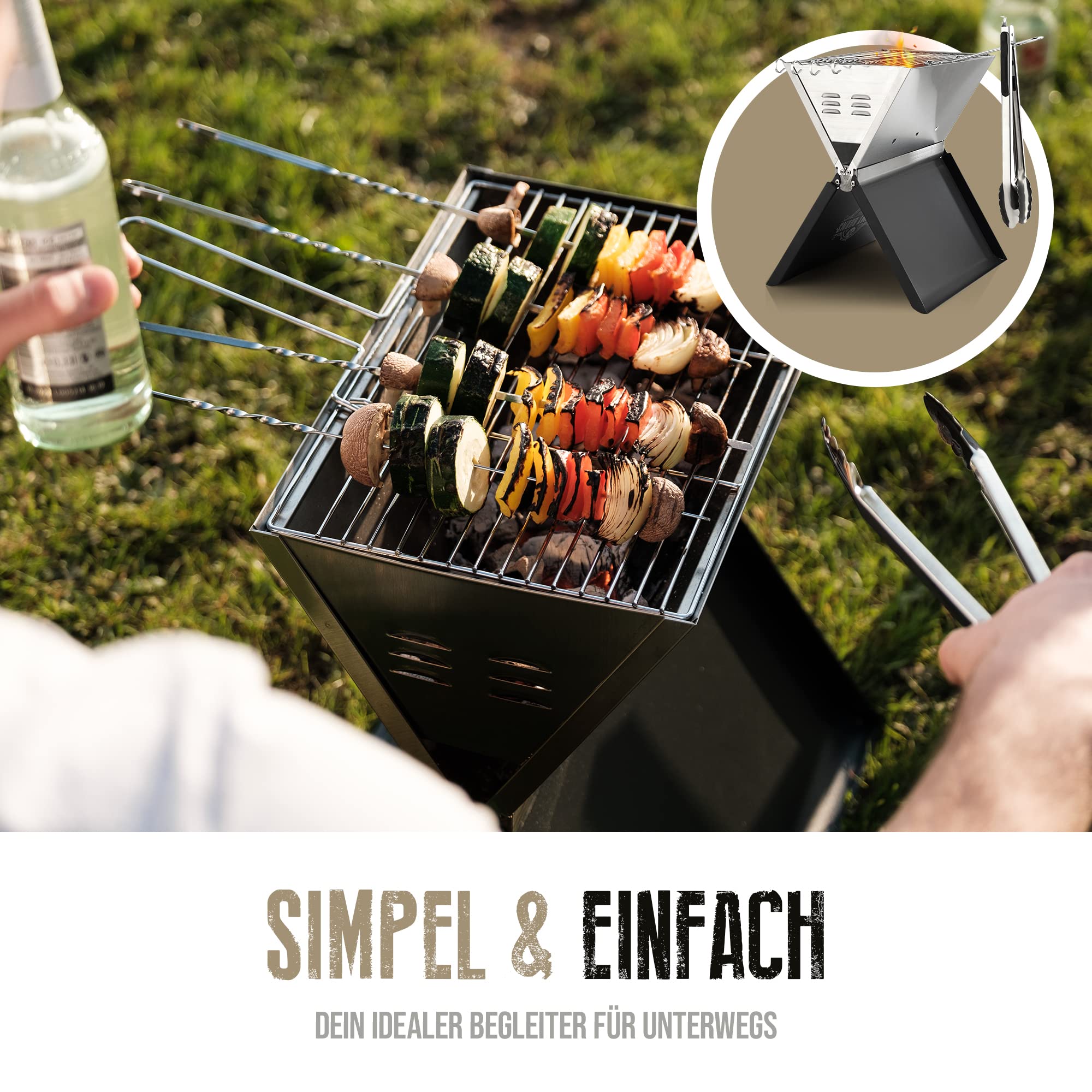 JIMMY BURNS Campinggrill Holzkohle Edelstahl | [Notebook Design] | für 2-4 Personen | Barbecue Klappgrill für Camping, Outdoor, Reise, Festival, Picknick | inkl. Grill Zubehör