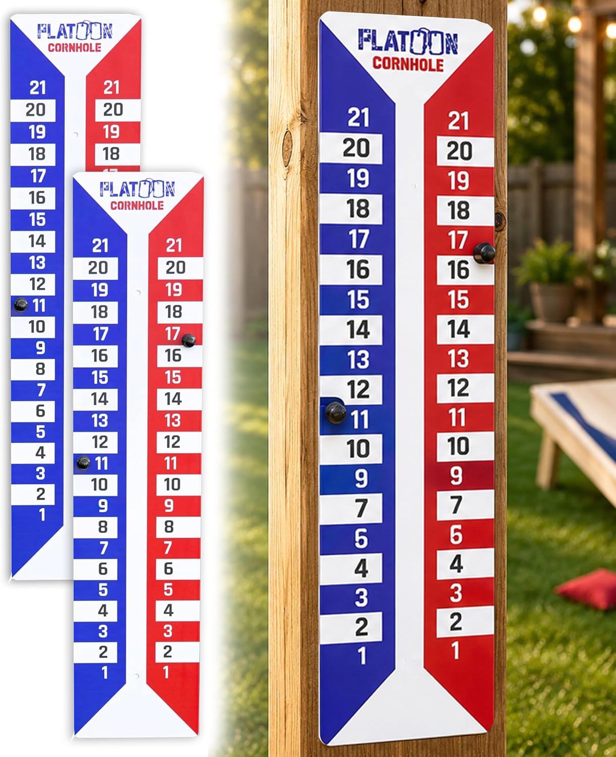 Play Platoon Cornhole Scoreboard Vertical Score Keeper Board & Accessories 4 Magnets, 4 Clothes Pin, PVC Tower Stand & Carry Bag Holder for Professional Corn Hole Bag Tournament
