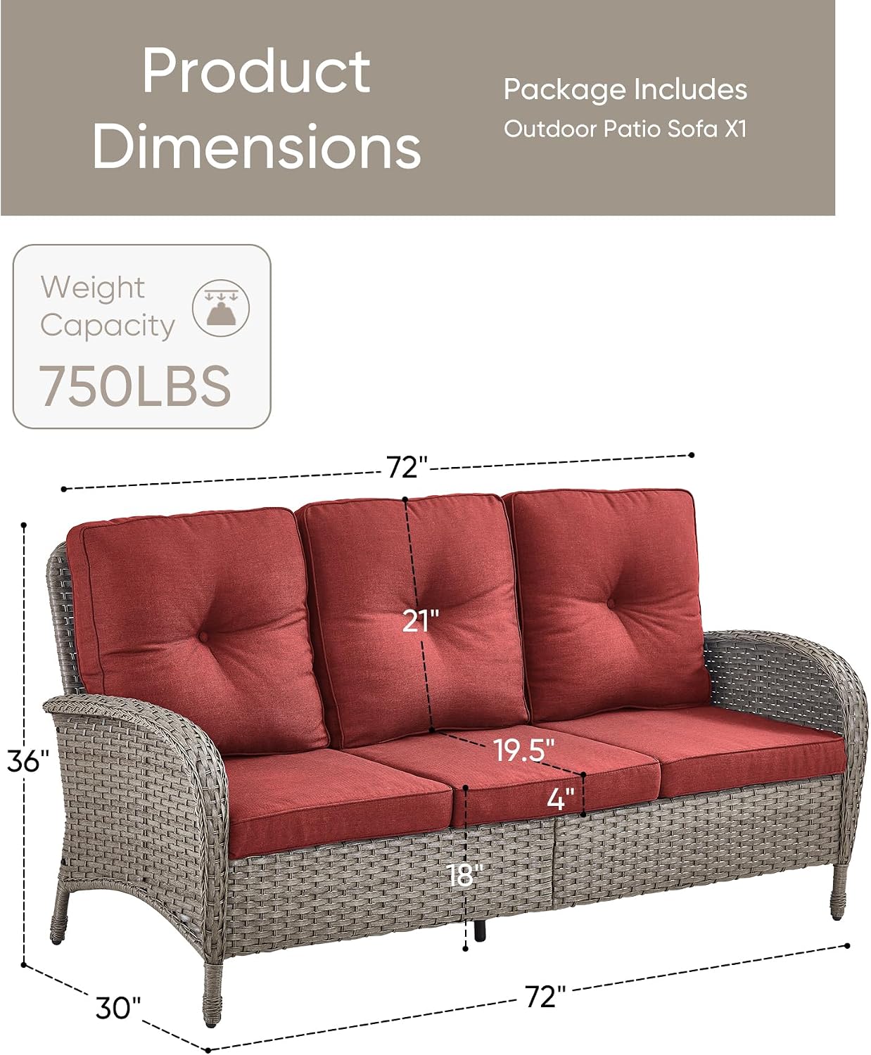 HUMMUH Outdoor Patio Couch with Thick Cushions Patio Sofa for Deck Lawn Porch Balcony Poolside-Grey/Red