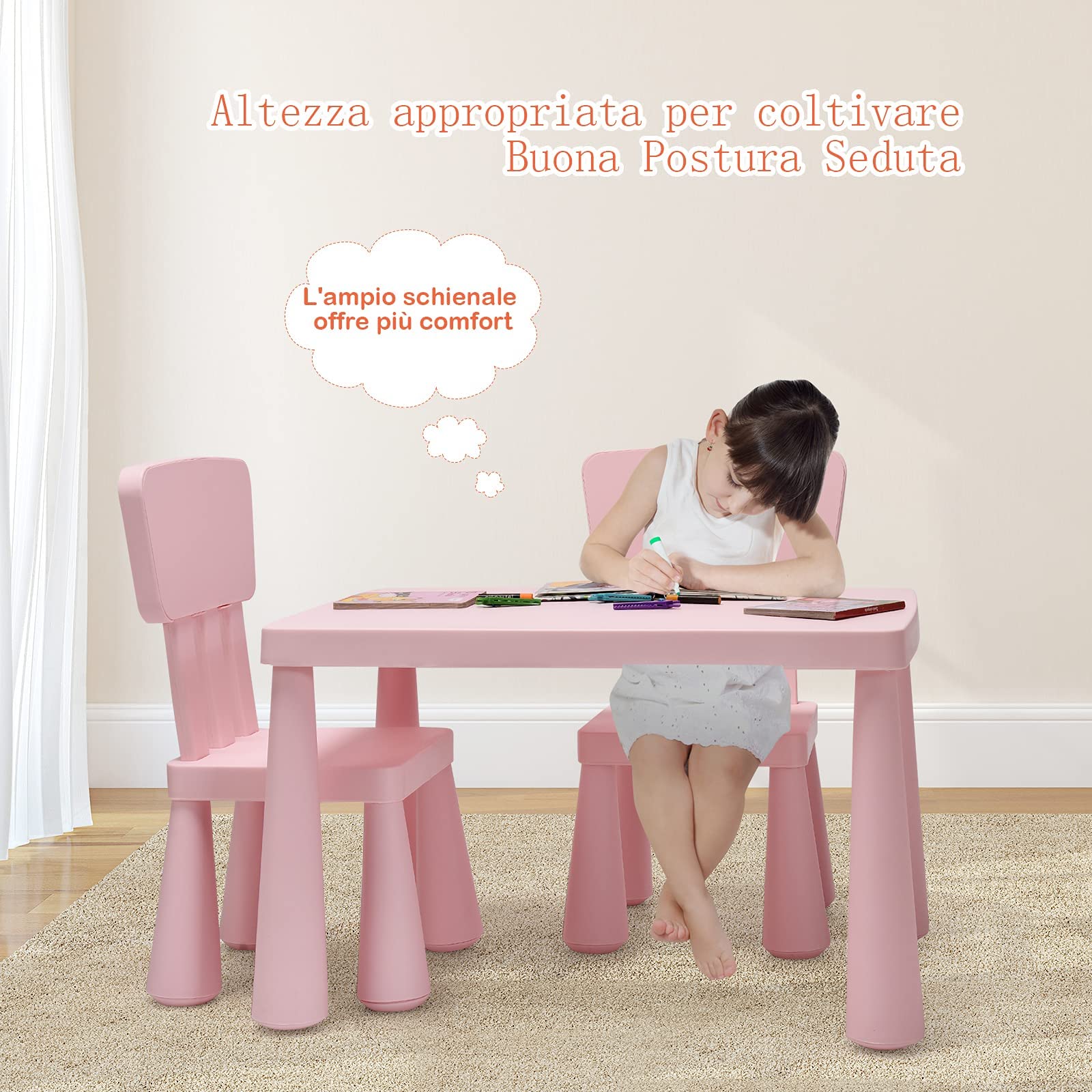 GYMAX Set Tavolino per Bambini con 2 Sedie di Plastica, Tavolino e Sedia per bambini, per Mangiare, Leggere, Dipingere, Adatto a 1-7 Anni (Rosa)