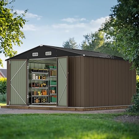JUMMICO 10 x 10 FT Outdoor Storage Shed, Large Metal Garden Shed & Tool Sheds for Backyard Garden Patio Lawn (Brown)