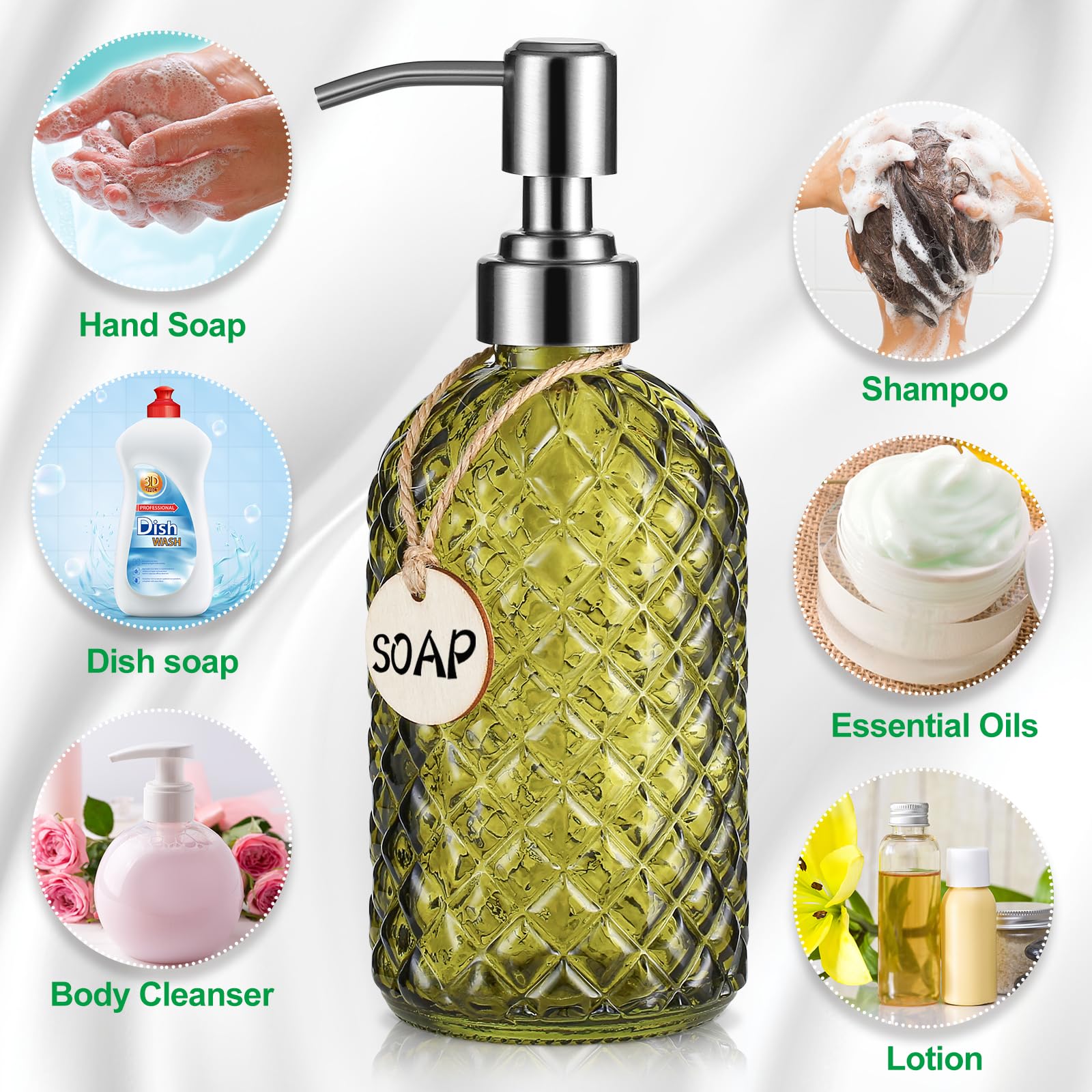 MOCLIF Dispenser di sapone trasparente con pompa in acciaio inossidabile 304 antiruggine da 473,6 ml, per bagno e cucina, in vetro liquido ricaricabile per sapone per mani, sapone per piatti, lozioni