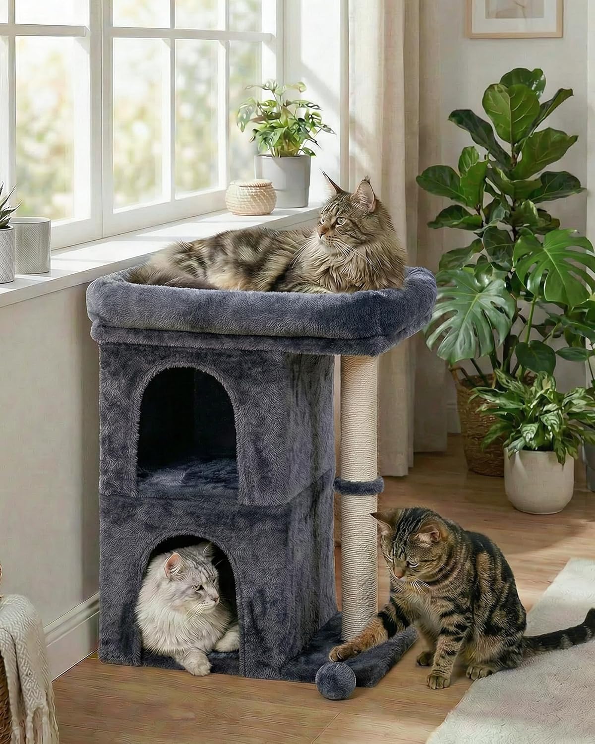 Aechonow Cat Tree for Large Cat, 19 * 16.5In Large Cat Perch, Adult Cat Tower for Indoor Cats with 24In Long Scratching Post, 2 Cozy Cat Condo House for Adult & Fat Cats, Dark Gray