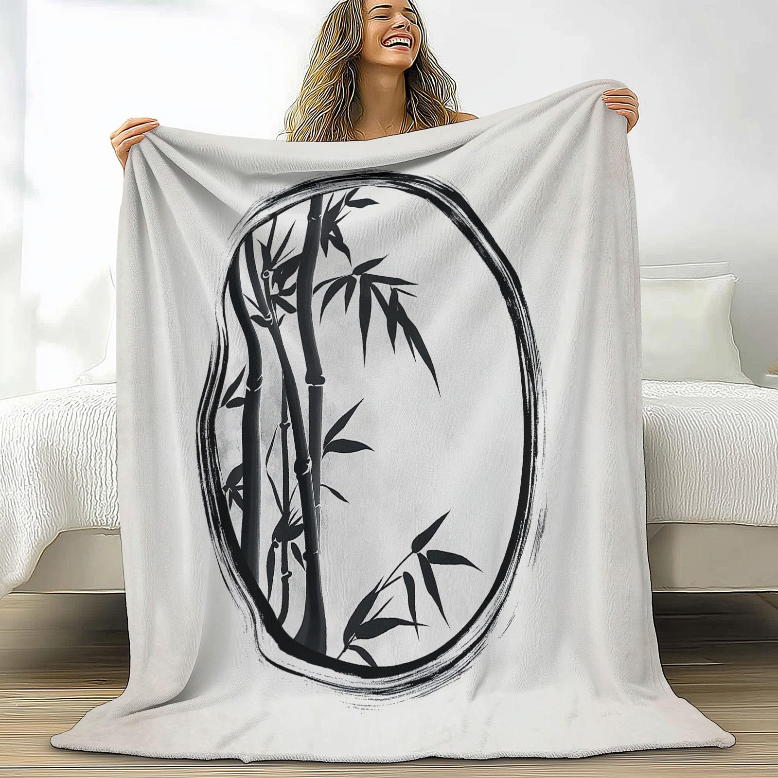 Generico Biały koc w kratę z polaru malarstwo atramentowe bambusowe koce flanelowe, 180 x 220 cm miękkie lekkie puszyste koce z mikrofibry