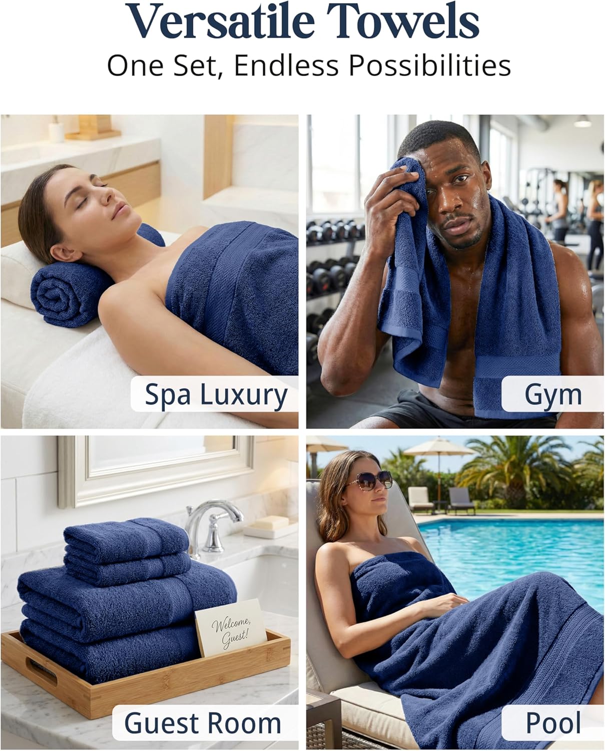 LANE LINEN 100% Cotton Luxury Towel Set for Bathroom - 16 Pieces, Ring Spun - Plush, Soft & Highly Absorbent - 4 Shower Towels, 8 Washcloths, 4 Hand Towels - Complete Bathroom Towel Set - Navy Blue