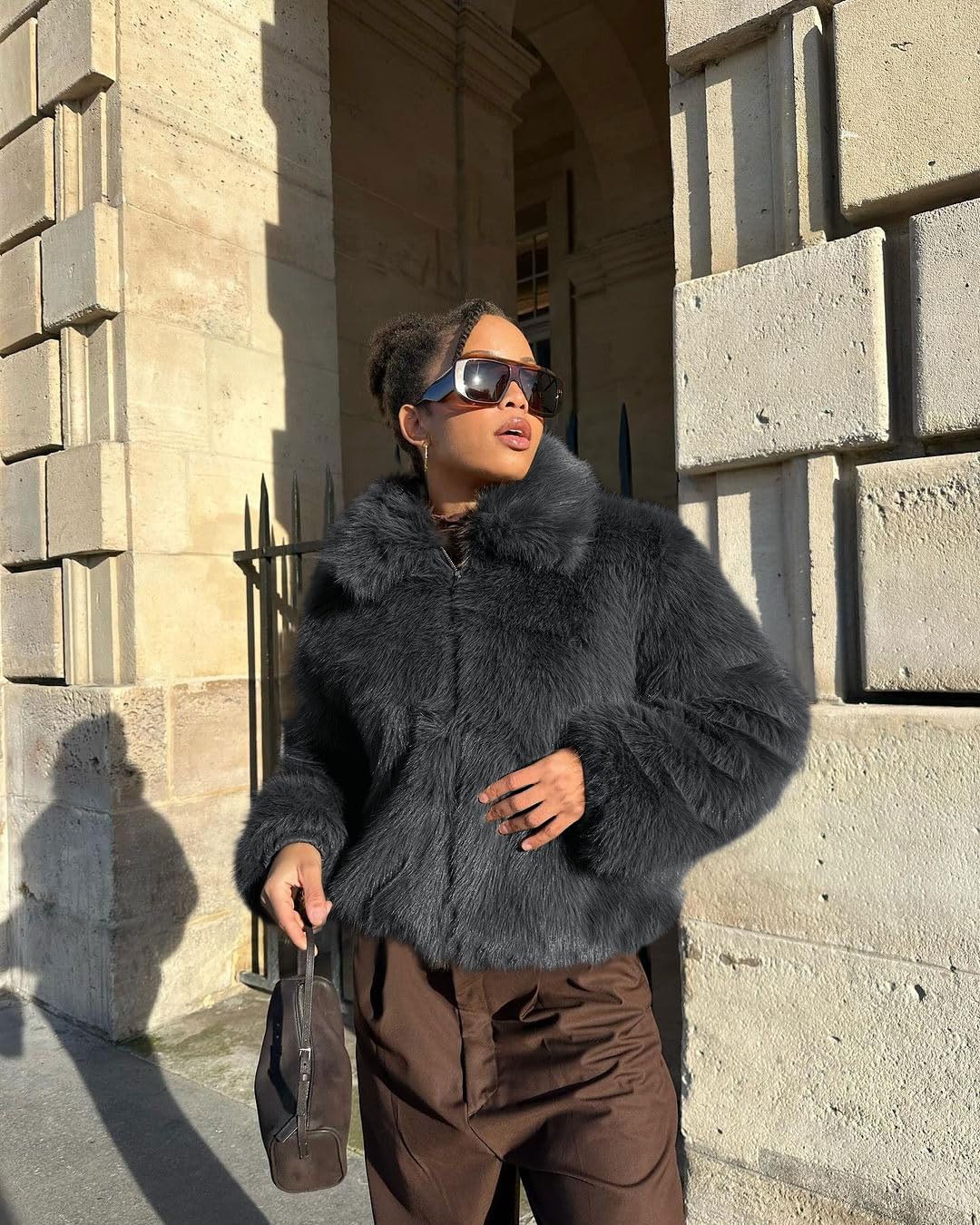 Tankaneo Womens Cropped Faux Fur Jacket Shaggy Lapel Zip Up Winter Coats Fuzzy Warm Outerwear - Image 6