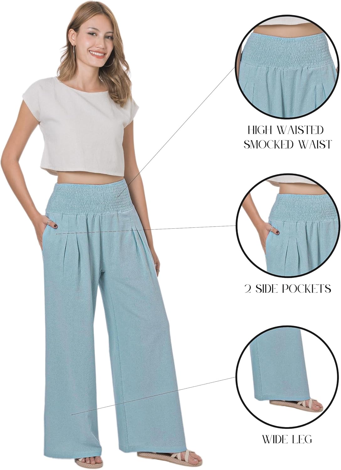 LOFBAZ Women Summer Flowy Cotton Linen Palazzo Wide Leg Pants Beach High Waisted Trousers Boho Long Lounge Pant with Pockets - Image 4