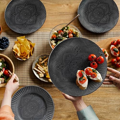 Miniatura 7 de bzyoo Juego de vajilla de melamina negra de 12 piezas, duradero, apto para lavavajillas, platos y cuencos negros, ideal para fiestas, juego de
