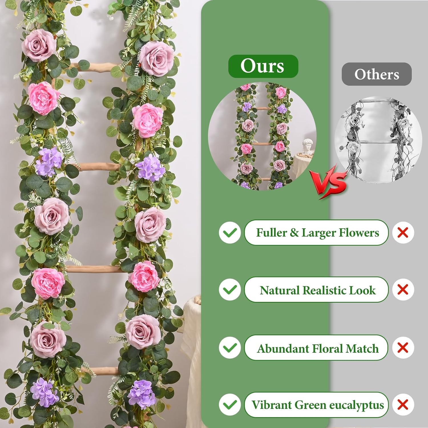Livole 2Pcs 12 Ft Artificial Flower Garland Fake Pink Rose Peony Floral Garland with Eucalyptus Flower Hanging Vine for Wedding Arch Table Centerpieces Backdrop Party Home Decorations