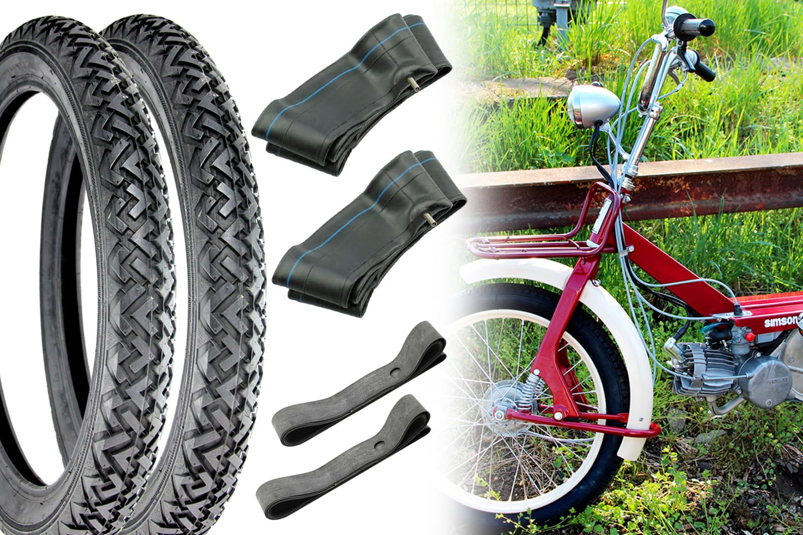 2x Reifen 2.25 x 16 Zoll, 2 1/4 x 16 Zoll VRM 087 Straßenprofil 38J + 2 Schläuche + 2 Felgenbänder kompatibel mit Simson Piaggio Herkules
