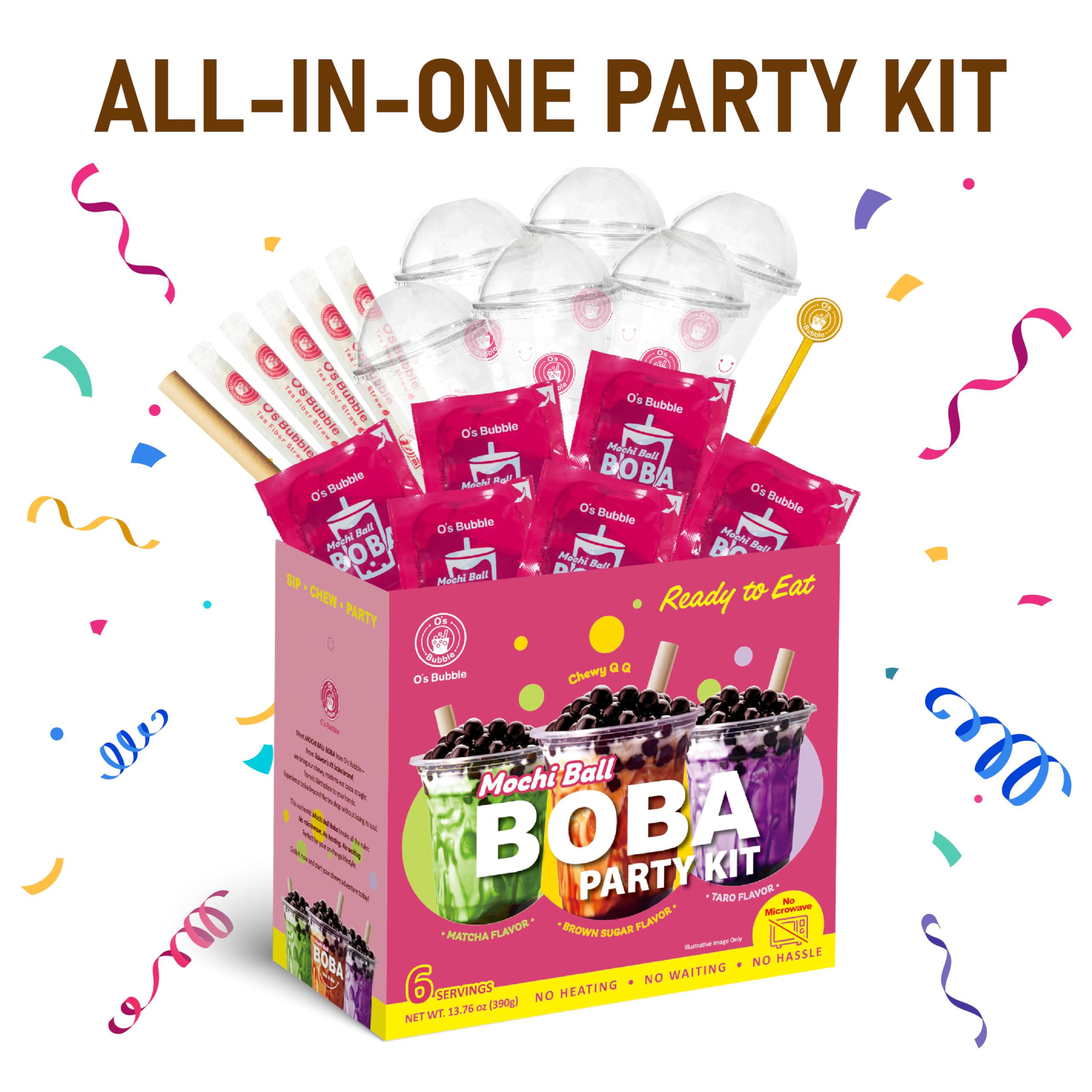 O's Bubble BOBA Party Kit 3.0 - Kit de té Boba todo en uno con Boba masticable - Sabores mixtos - Incluye tazas, popotes, agitador - 6