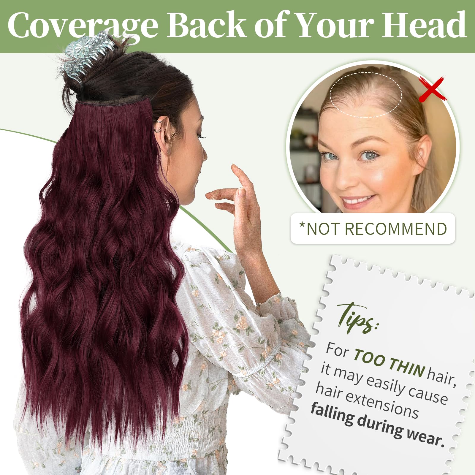 KooKaStyle Invisible Wire Hair Extensions with Transparent Headband Adjustable Size 4 Secure Clips Long Wavy Secret Wire Hairpiece 20 Inch 18H24#Medium Brown Ash Blonde for Women: 20 Inch Burgundy