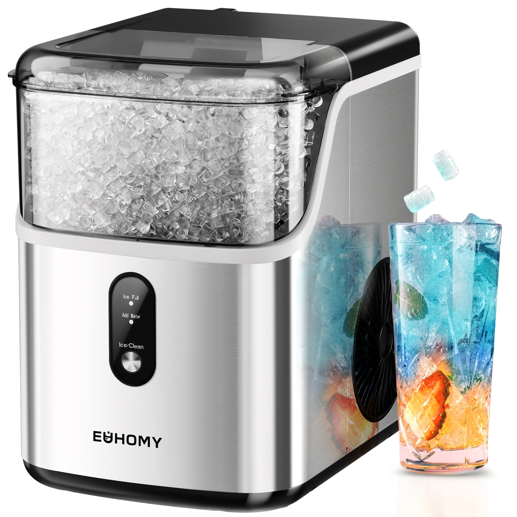 Compact EUHOMY stainless nugget ice maker on a countertop with scoop