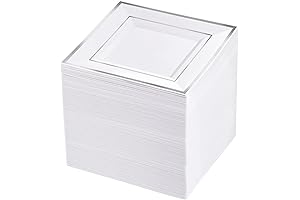 bUCLA 100PCS Square Dessert Plates, White and Silver