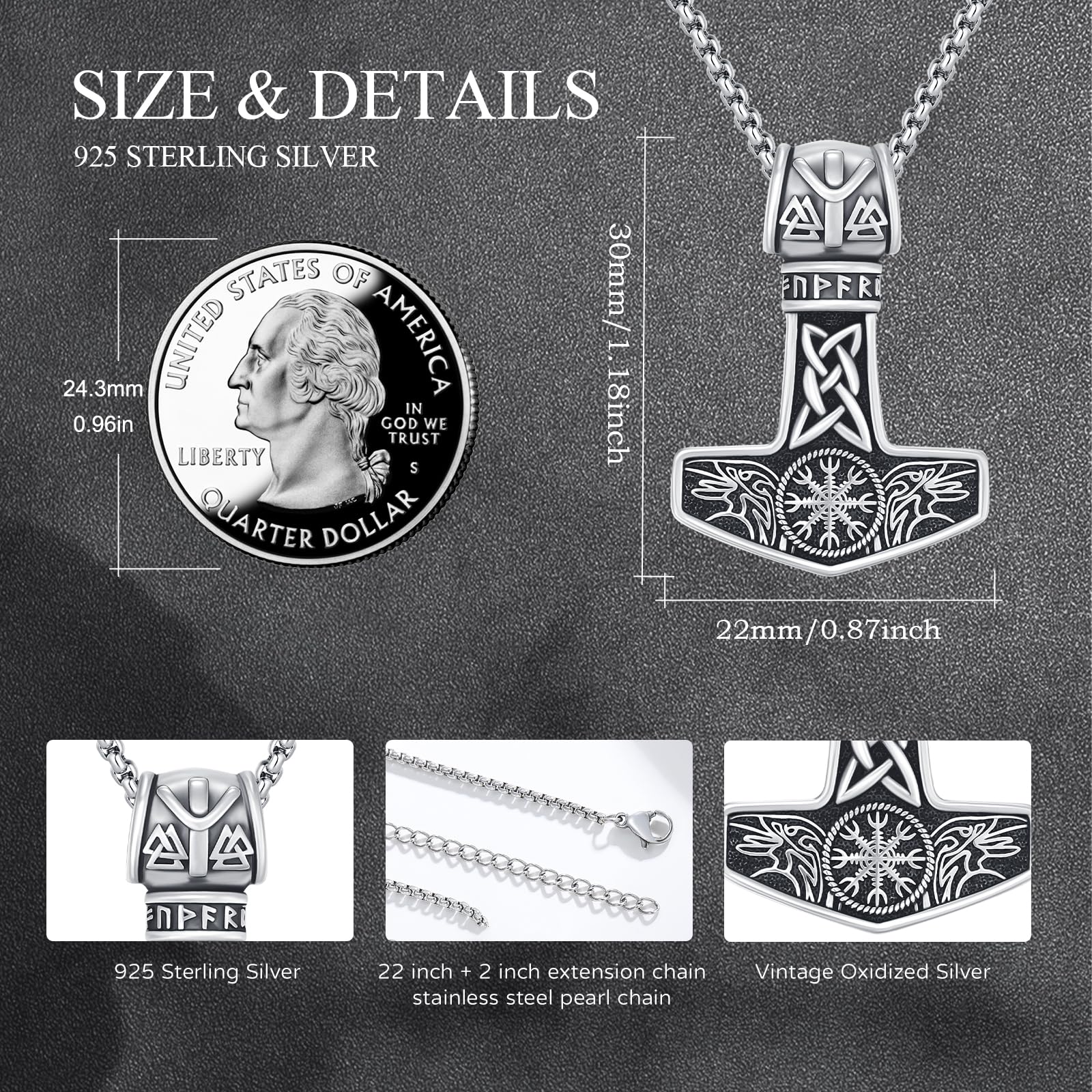Thors Hammer Halskette 925 Sterling Silber Mjölnir Kette Thor Hammer Anhänger mit Krähen Vegvisir Amulett Schmuck für Männer Unisex, Sterling Silber